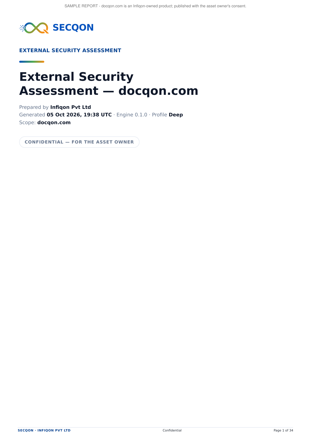 First page of a SecQon external security assessment report on docqon.com